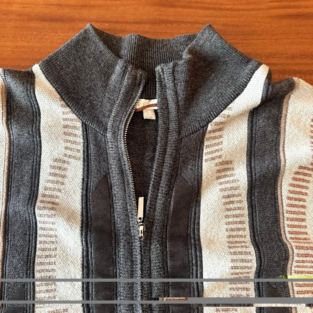 Silver Silk Full Zip Sweater Jacket Men's XL Brown Textured Knit Microsuede‎